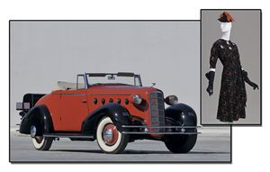 1934 LaSalle Model 350 Convertible Coupe and Hattie Carnegie Dress 1939 Petersen Museum Automotivated streamlining exhibition